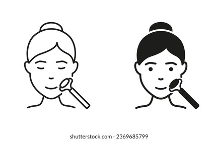 Facial Roller Massage Line and Silhouette Black Icon Set. Jade Roller for Girl Face, Skincare Pictogram. Woman Beauty Relax Procedure for Skin Care Symbol Collection. Isolated Vector Illustration. - Shutterstock ID 2369685799
