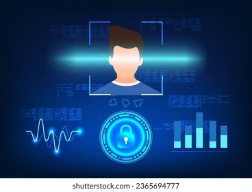 Tecnología de escaneo facial para acceder a información importante que requiere identificación para su uso Es una imagen de una persona que escanea su cara con un bloqueo de código que la rodea.