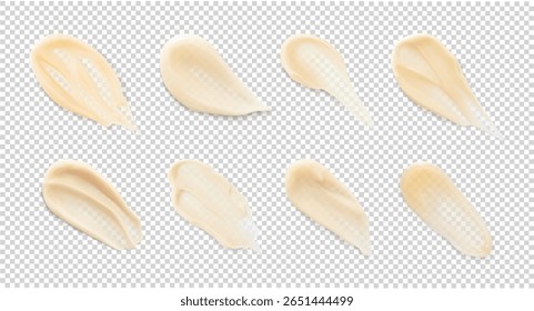 Soro facial e creme bege esfrega textura ilustração vetor realista. Coleção de amostras de cosméticos para cuidados da pele e do corpo