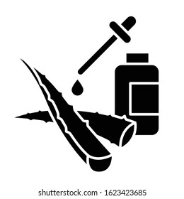 Facial serum black glyph icon. Plant based liquid. Healing botanical juice. Aloe vera extract. Essential oil. Healthy skincare. Silhouette symbol on white space. Vector isolated illustration