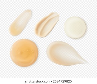 Facial serum and cream smears set realistic vector. Skincare smudges and blobs beige beauty cosmetic product texture