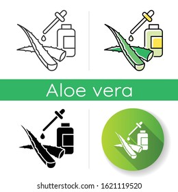 Facial serum icon. Plant based liquid. Healing botanical juice. Aloe vera extract. Medicinal herbs. Essential oil. Healthy skincare. Linear black and RGB color styles. Isolated vector illustrations