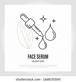 Facial serum, lotion, essential oil, collagen. Pipette with drop thin line icon. Skin care treatment. Vector illustration.