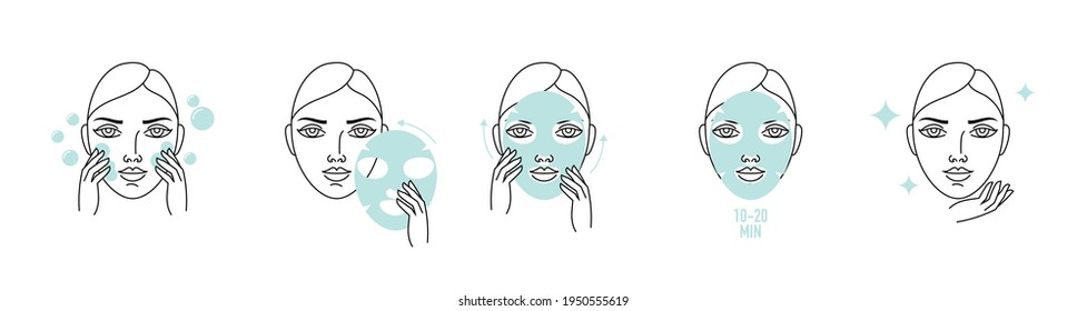 Facial sheet mask guide illustration. Vector face with facial mask.