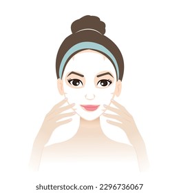 Facial sheet mask on woman face vector isolated on white background. The cute woman apply sheet mask on her skin, fabric mask has holes for mouth, nostrils and eyes. Face care concept illustration.