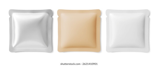 Facial sheet mask packaging pouch mockup set - silver, beige, white blank sachet bags with sealed edge. Cosmetic product branding template. Realistic 3d vector illustration for brand identity design.