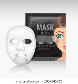 Facial sheet mask with sachet. Black vector mock up template. Beauty product packaging for your design