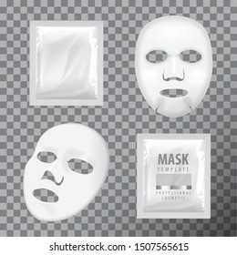 Facial sheet mask and sachet. Blank vector mock up template. Beauty product packaging set for your design