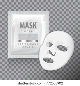 Facial sheet mask with sachet. Blank vector mock up template. Beauty product packaging on transparent background for your design