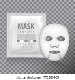 Facial Sheet Mask With Sachet. Blank Vector Mock Up Template. Beauty Product Package For Your Design