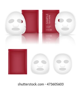 Facial sheet mask and sachet isolated on white background. Beauty product package. Vector illustration.