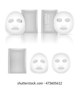 Facial sheet mask and sachet isolated on white background. Beauty product package. Vector illustration.