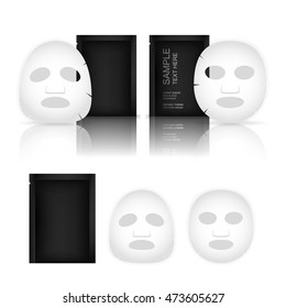 Facial Sheet Mask And Sachet Isolated On White Background. Beauty Product Package. Vector Illustration.