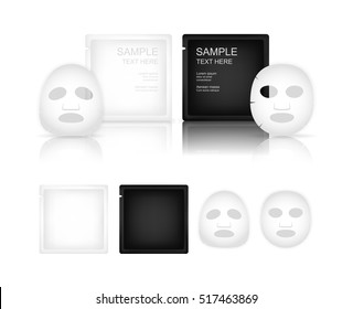 Facial Sheet Mask And Sachet Isolated On White Background. Beauty Product Package. Vector Illustration.