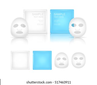 Facial sheet mask and sachet isolated on white background. Beauty product package. Vector illustration.