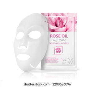 Facial sheet mask sachet package. Vector realistic illustration isolated on white background. Beauty product packaging design templates.