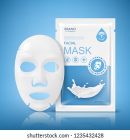 Facial sheet mask sachet package. Vector realistic illustration isolated on blue background. Beauty product packaging design templates.