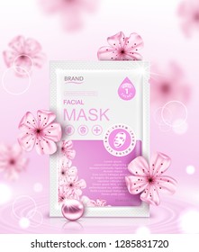 Facial sheet mask sachet package and sakura flowers. Vector realistic illustration isolated on pink background. Beauty product packaging design templates.