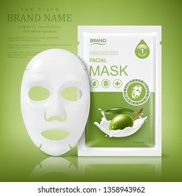 Facial sheet mask sachet package. Vector realistic illustration isolated on green background. Beauty product packaging design templates