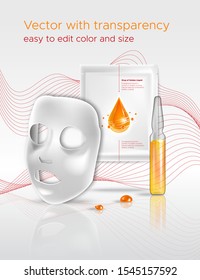Facial sheet mask, sachet package. Transparent Glass Ampoule liquid drug solution. Beauty product packaging design. Template with label and logo for skin care emulsion, cream, serum