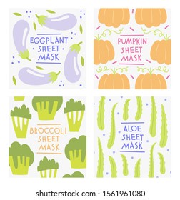 Facial sheet mask sachet package design set. Vector illustration isolated on white background.