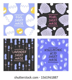 Facial sheet mask sachet package design set. Vector illustration isolated on white background.
