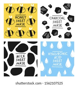 Facial sheet mask sachet package design set. Vector illustration isolated on white background.