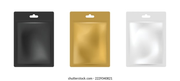 Facial sheet mask sachet package mockup set realistic isolated on white background. Black, golden and yellow packs with cosmetics. Beauty product packaging design templates. Vector illustration