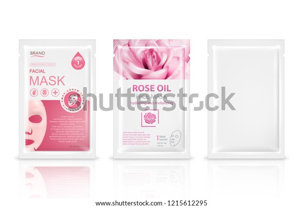 Facial sheet mask sachet package mockup set.\
Vector realistic illustration isolated on white background. Beauty\
product packaging design\
templates.
