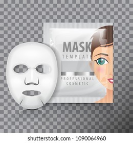 Facial Sheet Mask With Sachet. Vector Mock Up Template. Beauty Product Package On Transparent Background For Your Design