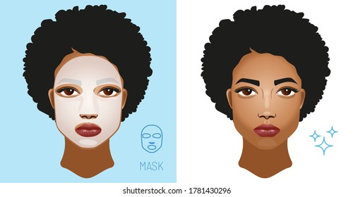 Facial sheet mask. Skin care. Cosmetic mask on the face of a african american girl. Vector realistic illustration isolated on white background.