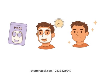 Facial sheet mask steps for men cartoon style