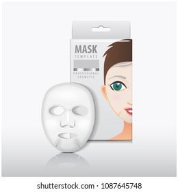 Facial sheet mask with white paper box. Vector mock up template. Beauty product package for your design