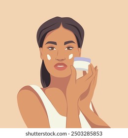 Facial skin care, beautiful woman applies and advertises cream. A Latin American woman takes care of her facial skin. Cosmetology. Beautiful healthy skin. Vector flat illustration for advertising, web