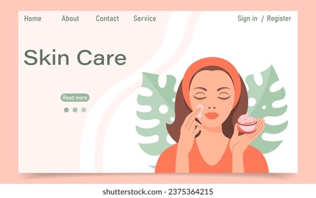 Facial skin care concept. Landing page template. A woman makes cosmetic spa procedures for her face. Morning routine. Eye patches, cosmetic masks, cream, massage. Illustration, vector