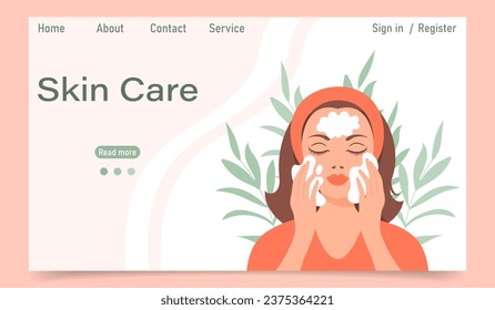 Facial skin care concept. Landing page template. A woman makes cosmetic spa procedures for her face. Morning routine. Eye patches, cosmetic masks, cream, massage. Illustration, vector