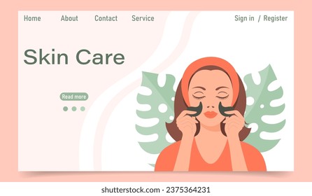 Facial skin care concept. Landing page template. A woman makes cosmetic spa procedures for her face. Morning routine. Eye patches, cosmetic masks, cream, massage. Illustration, vector