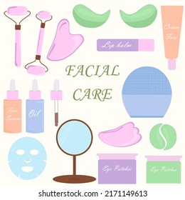 Facial skin care elements set, face massage and self care. Women's spa day. Facial oil, massage, eye patches. Vector illustrations of items for beauty