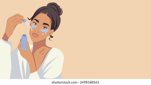 Facial skin care, a girl applies and advertises a cream serum. A woman takes care of her facial skin and advertises skin care products. Vector flat illustration for advertising, website, banner, poste