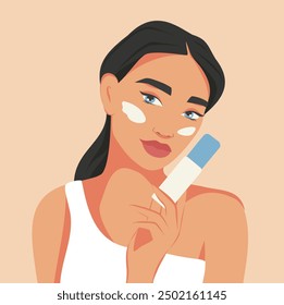 Facial skin care, girl applies and advertises serum. A young beautiful woman takes care of her facial skin. Vector flat illustration for advertising, website, banner, posters, cover