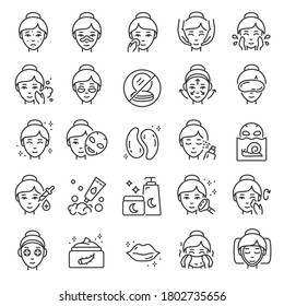 Facial skin care, icon set. The woman applies products for healthy skin, linear icons. Gram, mask, cosmetics for young elastic skin. Line with editable stroke - Shutterstock ID 1802735656