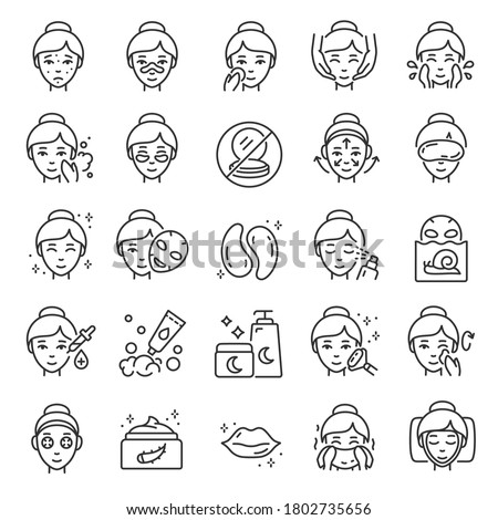 Facial skin care, icon set. The woman applies products for healthy skin, linear icons. Gram, mask, cosmetics for young elastic skin. Line with editable stroke