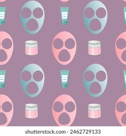 Facial skin care pattern facial skin care. Woman taking care of her skin. Cosmetic masks, creams, oils. Illustration, vector	