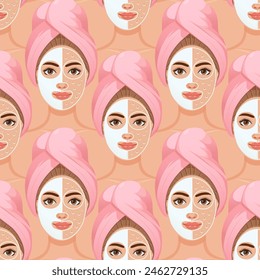 Facial skin care pattern facial skin care. Woman taking care of her skin. Cosmetic masks, creams, oils. Illustration, vector	
