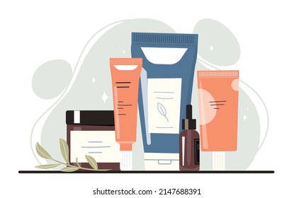 Facial skin care products concept. Poster with cream, lotion, serum, mask or oil. Organic beauty cosmetic in cans and tubes. Design for websites and social networks. Cartoon flat vector illustration