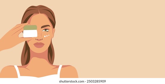 Cuidado facial de la piel, una niña pelirroja con pecas se aplica y anuncia una crema. Una mujer cuida su piel facial. Hermosa piel sana. Ilustración vectorial para publicidad, Sitio web