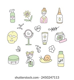 Conjunto de cuidado facial de la piel. Ilustración vectorial en estilo doodle