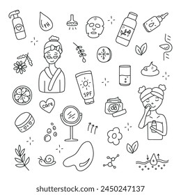 Facial skin care set. Vector illustration in doodle style