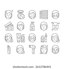 Facial Skin Care Treat Collection Icons Set Vector. Facial Skincare Makeup Cosmetics And Mask, Essential Oil And Acne Cream, Face Massager Black Contour Illustrations