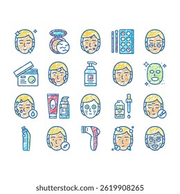 Facial Skin Care Treat Collection doodle icons set vector. Facial Skincare Makeup Cosmetics Mask, Essential Oil Acne Cream, Face Massager sketch hand drawn